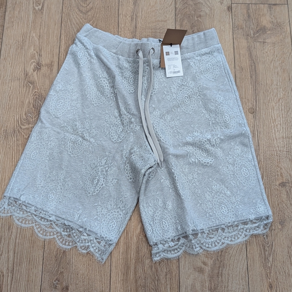 $1260 Mens Burberry Chantilly Lace Overlay Drawstring Shorts Light Gray XS